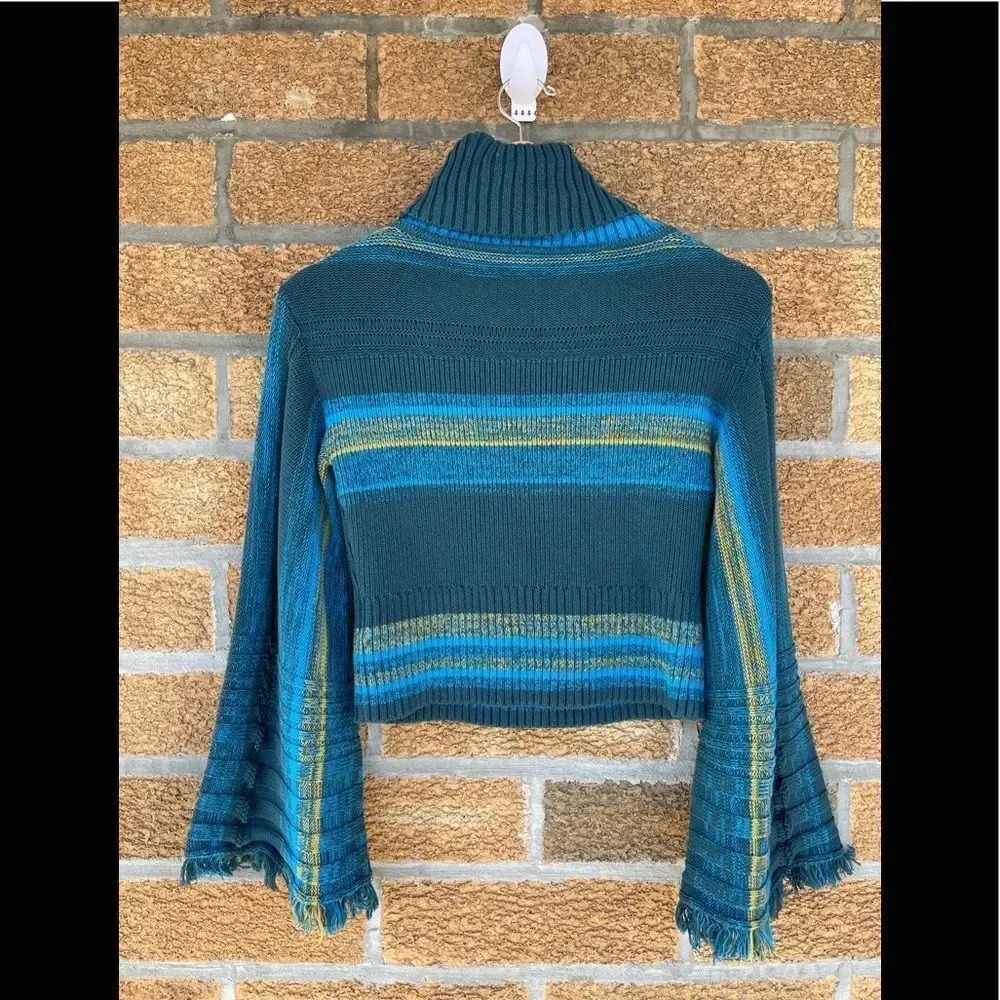 Free People Knit Striped Long Flared-Sleeve Turtleneck Sweater Blue XS - Picture 5 of 8
